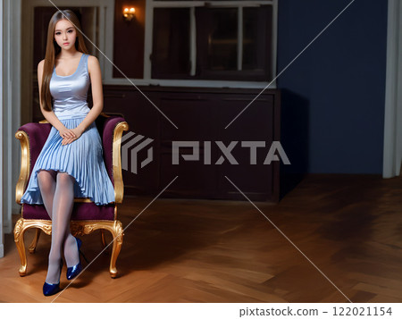 A beautiful woman sitting in the chair on the left in a dark room with a spotlight on her 122021154