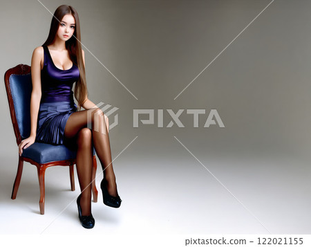 一個美麗的女人坐在椅子上，她的右側在簡單的背景下敞開 122021155