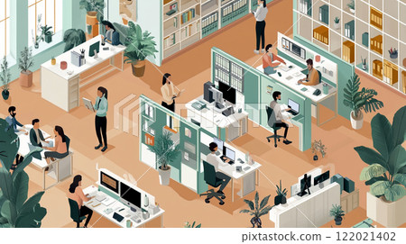 辦公室櫃檯和使用計算機的人員，等距 122021402