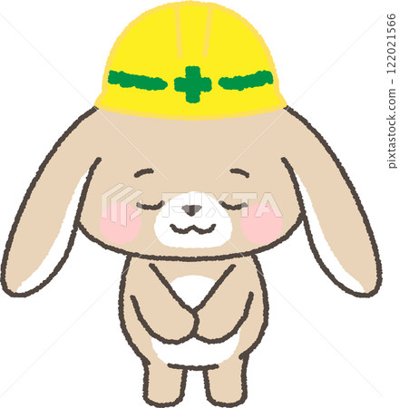 A helmeted droopy-eared rabbit bows in gratitude 122021566