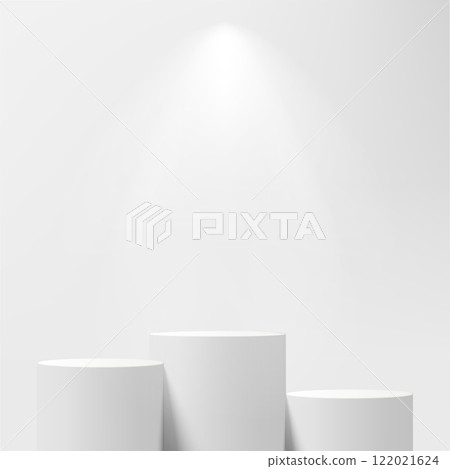 Modern Minimalist White Pedestal Display with Tropical Palm Leaf. Vector 122021624