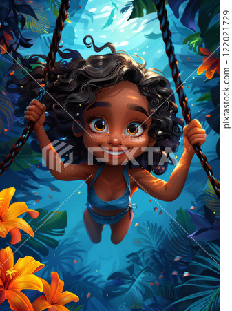 Smiling girl on a swing surrounded by vibrant jungle foliage 122021729