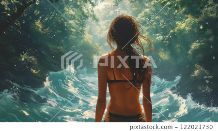 Woman standing in a river surrounded by jungle and sunlight 122021730
