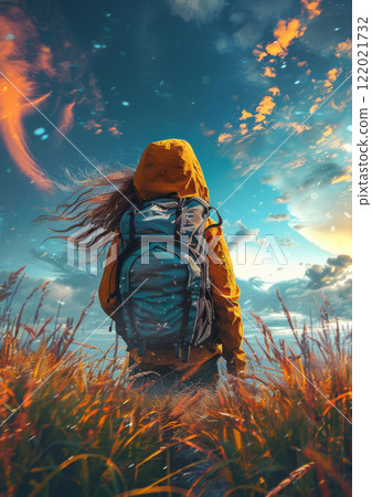 Adventurer in orange jacket standing in a field under dramatic sky 122021732