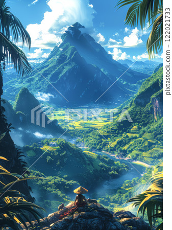Person overlooking lush tropical mountains and valleys under blue sky 122021733