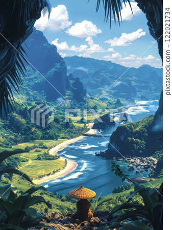 Person with straw hat overlooking tropical river and mountains 122021734