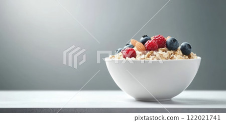 Healthy breakfast bowl with steaming oatmeal, fresh berries, and crunchy nuts on a minimalist table setting 122021741