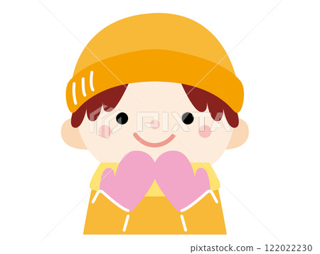 一個男孩戴著手套、針織帽和圍巾保暖的插圖、顏色 122022230