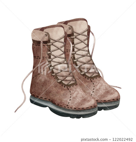 Brown tactical army boots hand drawn watercolor illustration isolated on white for military, combat or camping and hiking designs. Brutal footwear and American infantry shoes 122022492