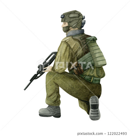 American soldier sitting with rifle watercolor illustration isolated on white. Israeli military man in green uniform and helmet for Veteran and Remembrance Day design. 7th of October army clipart 122022493