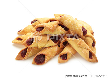Tasty bagels with strawberry jam isolated on white background. Homemade cookies 122022958