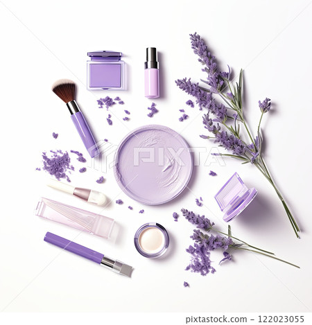 Set of Cosmetic beauty product in lavender colors on white background. Set of Cosmetic beauty product in lavender colors on white background. 122023055