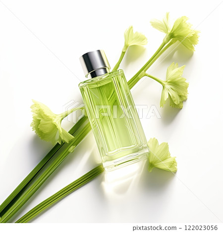 Perfume bottle with green liquid and daffodil flowers on a white background. 122023056
