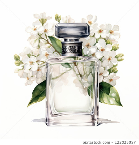 Glass perfume bottle with light liquid and white blossoms. Glass perfume bottle with light liquid and white blossoms. 122023057
