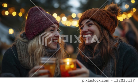 Two women smiling and enjoying drinks together in a social setting indoors 122023137