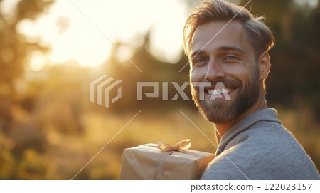 Bearded man smiling in casual clothing with a joyful expression outdoors 122023157