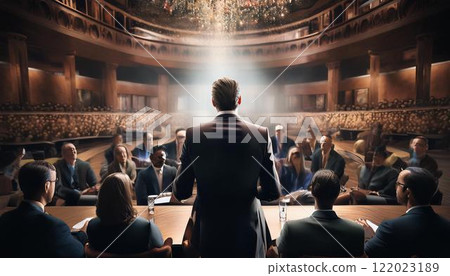 group of professionals talking and engaging in a business conference event. Group of multiethnic business people working together on teamwork meeting in corporate office. 122023189
