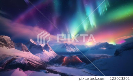 Aurora borealis on the Lofoten islands, Norway. Green northern lights above mountains. Night winter landscape with aurora. Natural background in the Norway 122023201