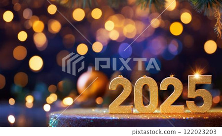 Christmas and New Year card. Number 2025 on holiday background. Christmas lights bokeh background. Holiday postcard. Happy New Year 2025 Card Concept. 122023203
