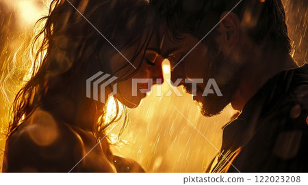 Couple sharing a romantic kiss under rainy weather in urban setting 122023208