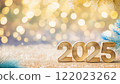 Christmas and New Year card. Number 2025 on holiday background. Christmas lights bokeh background. Holiday postcard. Happy New Year 2025 Card Concept. 122023262