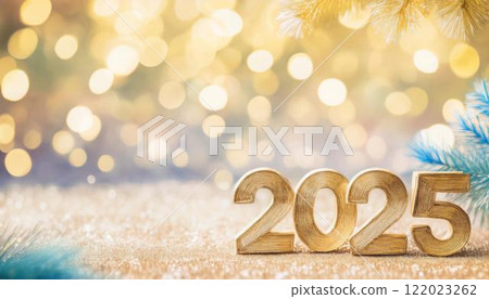 Christmas and New Year card. Number 2025 on holiday background. Christmas lights bokeh background. Holiday postcard. Happy New Year 2025 Card Concept. 122023262