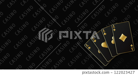 Fan of four black and gold card aces of different suits. Hearts, spades, diamonds, clubs. Realistic cards for playing poker or casino. Vector illustration of a black table background. Fan of four black and gold card aces of different suits. Hearts, spades, diamonds, clubs. Realistic cards for playing poker or casino. Vector illustration of a black table background. 122023427