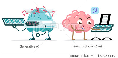 AI brain vs human brain in compose a music . Cartoon character . Vector . 122023449