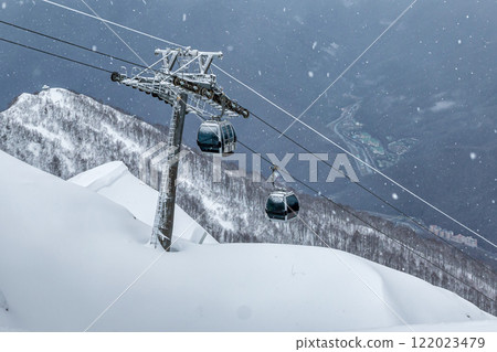 Gondola lifts on ski resort in the winter mountains 122023479
