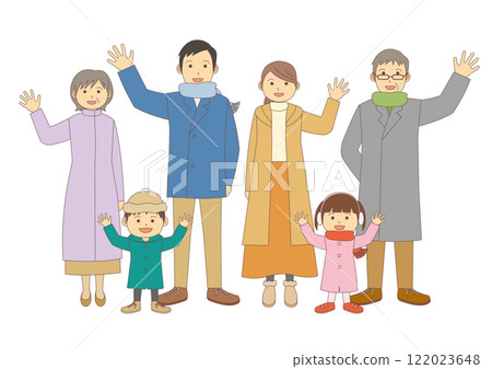 Illustration of a family of six in winter clothes waving hands_with main lines 122023648