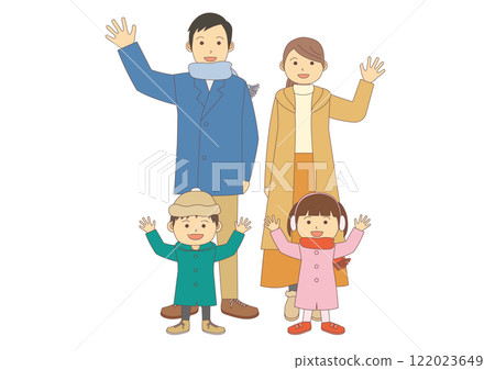Illustration of a family of four in winter clothes waving hands_with main lines 122023649