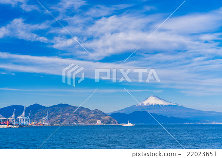 (Shizuoka Prefecture) Ships anchored at Shimizu Port with Mount Fuji in the background 122023651
