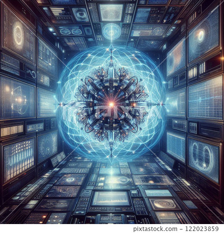 A high-tech room featuring quantum computer structures surrounded by swirling blue energy patterns and numerous screens 122023859