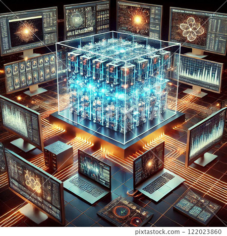 A futuristic quantum computing setup surrounded by multiple monitors displaying complex data visualizations 122023860