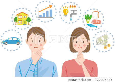 Cost of living, high prices, troubled couple Cost of living, high prices, troubled couple 122023873