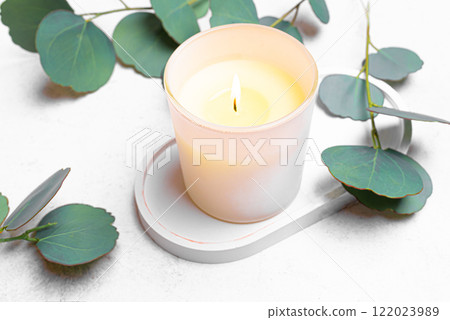 Burning candle and green eucaliptus leaves Burning candle and green eucaliptus leaves 122023989