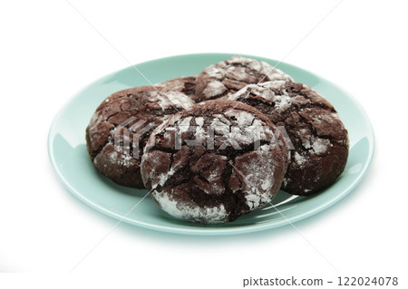 Dark Chocolate chip cookies on plate isolated on white background. Delicious Cookie Macro Dark Chocolate chip cookies on plate isolated on white background. Delicious Cookie Macro 122024078