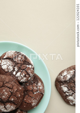 Dark Chocolate chip cookies on plate on grey background. Delicious Cookie Macro 122024101