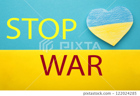 Inscription Stop war on blue - yellow background, conflict between Ukraine and Russia. No war, stop war, russian aggression. Ukrainian patriot. 122024285