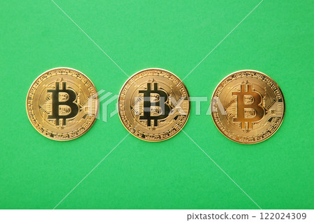 Bitcoin coin and on green background. Bitcoin growthand investment concept. 122024309