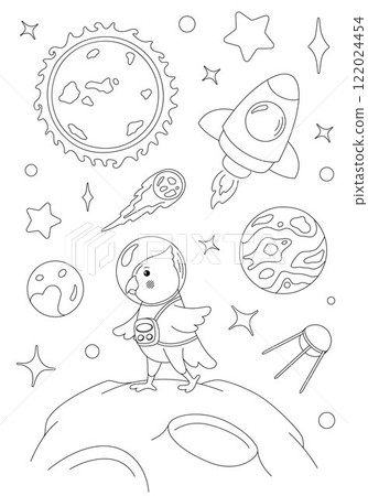 Coloring page with parrot astronaut and rocket 122024454