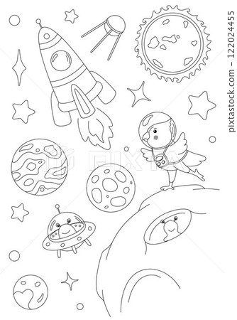Coloring page with parrot astronaut and aliens 122024455