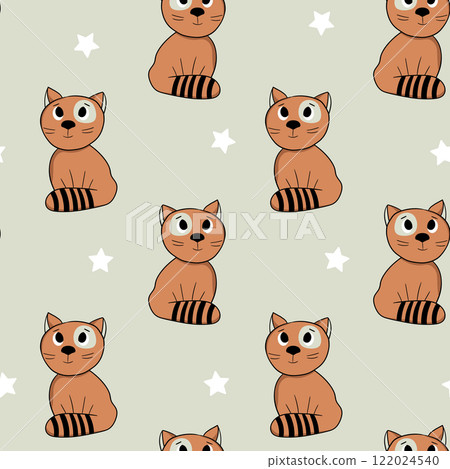 Seamless pattern with cute kitten print. Different cats on color background. Doodle style illustration for kids. Vector illustration for fabric, textile, wallpaper, home clothing, pajama 122024540