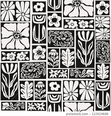 Seamless high woodcut botanical pattern with flowers, leaves, floral elements. Floral black and white artistic monochrome texture for fabric, textile, digital papers. Vector illustration 122024686