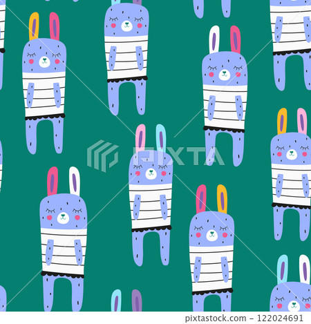 Seamless pattern with hand drawn cute bunnies characters. Childish adorable texture with cartoon rabbits dressed. Vector illustration Seamless pattern with hand drawn cute bunnies characters. Childish adorable texture with cartoon rabbits dressed. Vector illustration 122024691