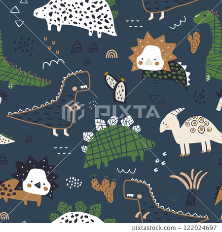 Seamless childish dino pattern. Cute dinosaurs cartoon characters texture. Hand drawn dino design navy blue. Vector illustration 122024697