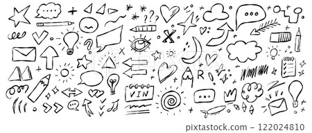 Creative doodles with various shapes, symbols, and icons on a white background showcasing artistic expression and imagination 122024810