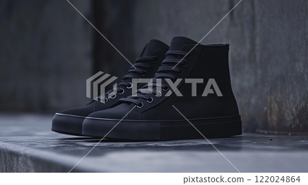 Pair of black shoes with laces on a concrete floor. The shoes are black and have a black sole Pair of black shoes with laces on a concrete floor. The shoes are black and have a black sole 122024864