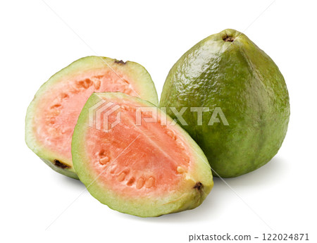 Guava fruit, half and slice close-up on white. Isolated Guava fruit, half and slice close-up on white. Isolated 122024871