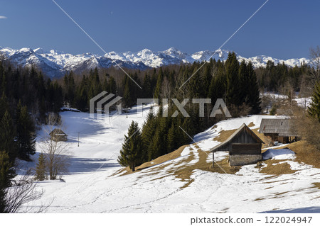 Typical wooden log cabins in Gorjuse, Triglavski national park, Slovenia 122024947